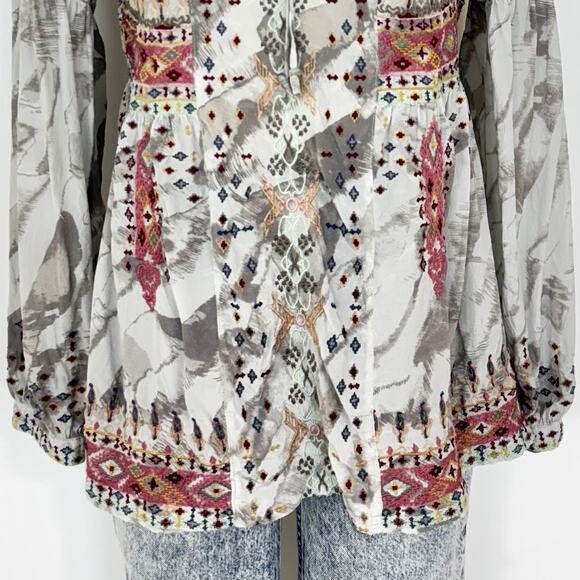 Johnny Was Deliza Silk Embroidered Long Sleeve Tunic Top Blouse Gray Boho XS - Picture 4 of 13